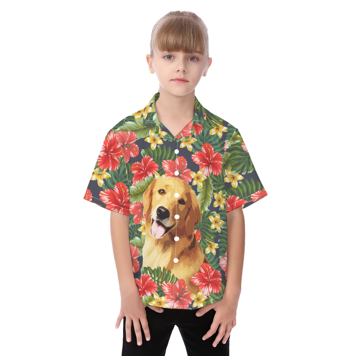 Cute Custom Dog Face Hibicus Hawaiian Shirt For Kids - variant image 1