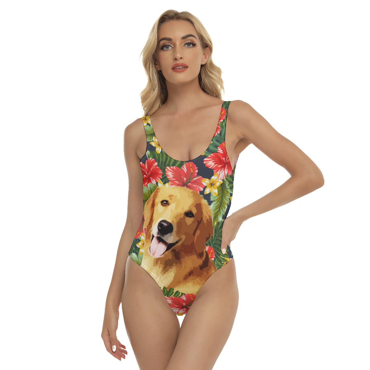 Custom Dog Face Hand-Painted Floral Hawaiian Swimsuit For Women - variant image 1