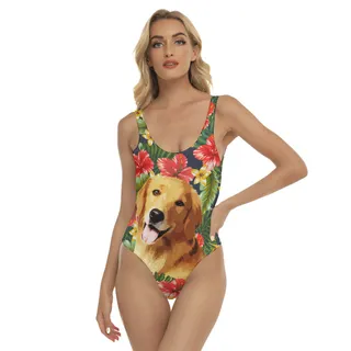 Custom Dog Face Hand-Painted Floral Hawaiian Swimsuit For Women