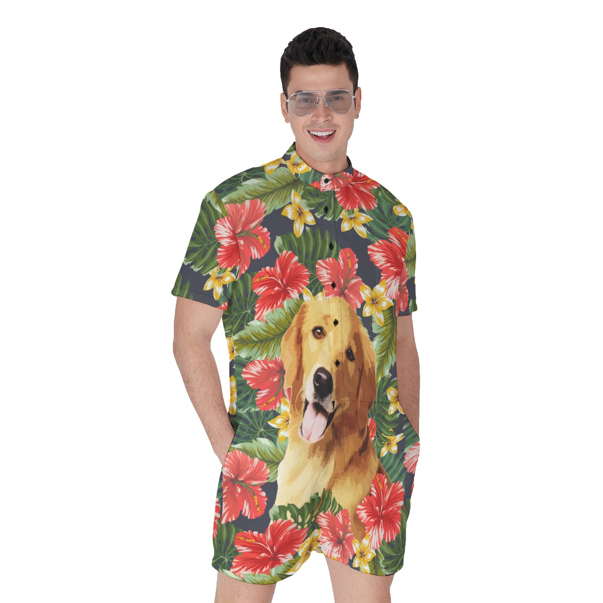 Funny Custom Dog Face Hand-Painted Hibicus Hawaiian Romper For Men - variant image 1