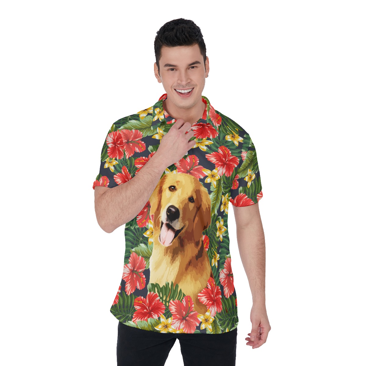 Funny Custom Face Dog Tropical Hibicus Hawaiian Polo Shirt For Men - variant image 1