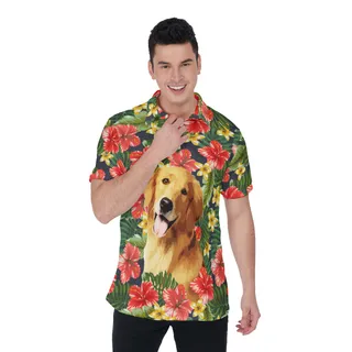 Funny Custom Face Dog Tropical Hibicus Hawaiian Polo Shirt For Men