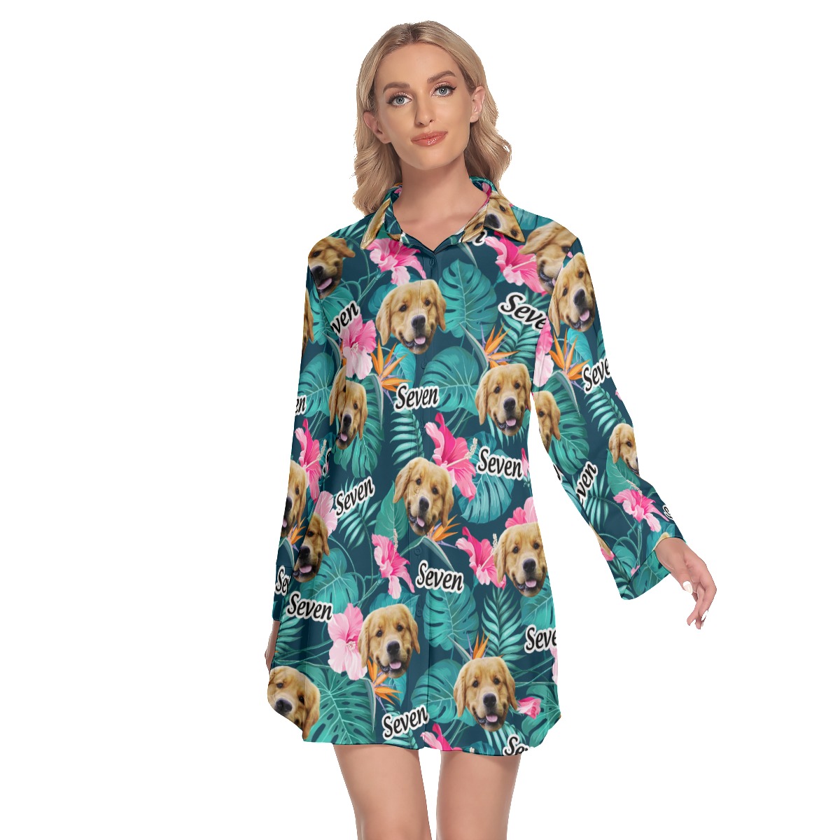 Funny Custom Dog Face Floral Hawaiian Shirt Dress For Women - variant image 1