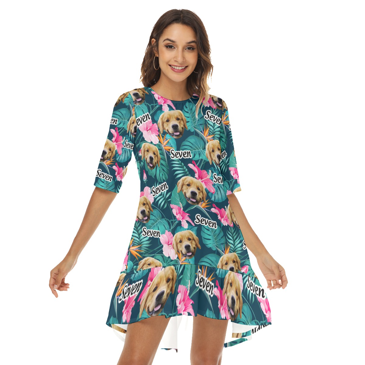 Funny Custom Dog Face Floral Hawaiian Dress With Ruffle Hem - variant image 1