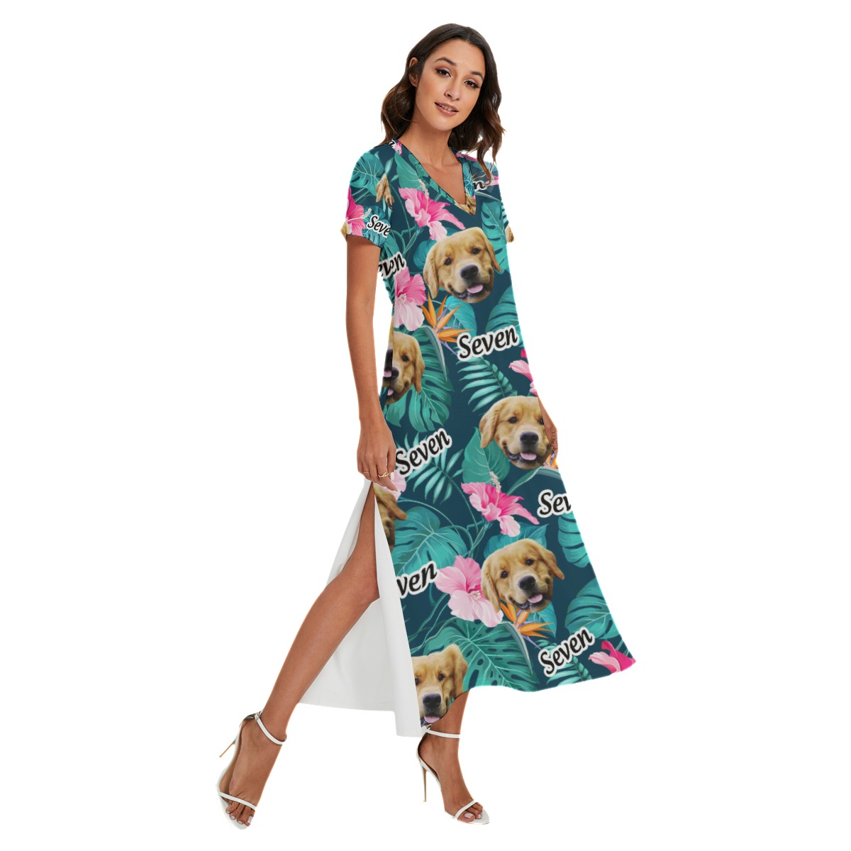 Floral Custom Dog Face Hawaiian V-neck Dress With Side Slit - variant image 1
