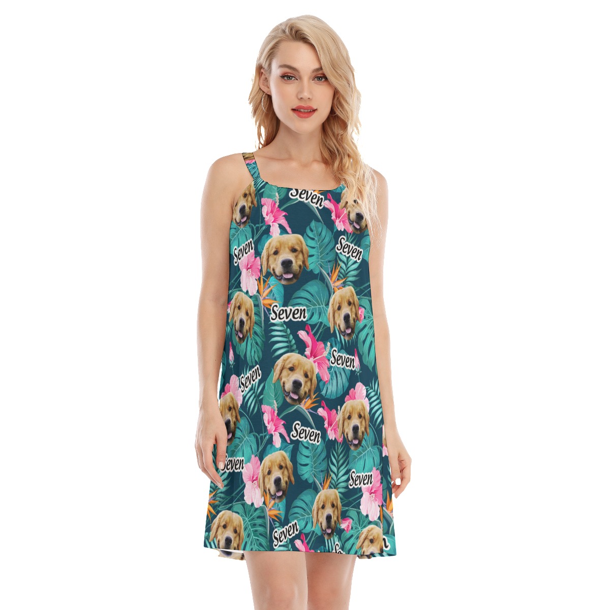 Funny Custom Dog Face And Name Floral Hawaiian Cami Dress - variant image 1