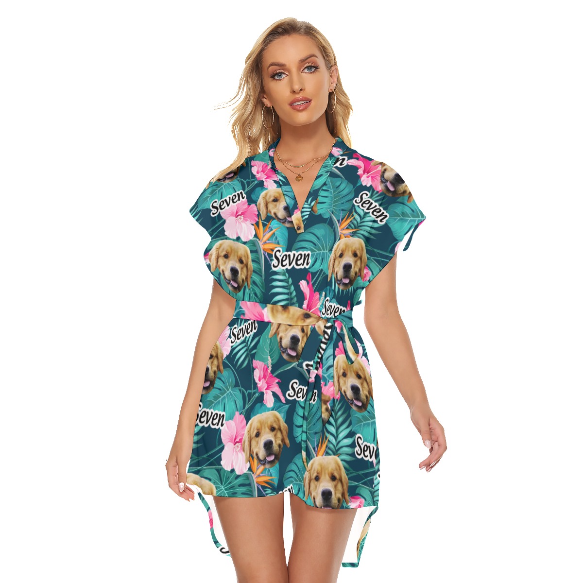 Funny Custom Dog Face And Name Floral Hawaiian Dress With Belt - variant image 1