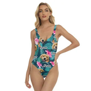 Funny Custom Pet Face Floral Hawaiian Swimsuit For Summer