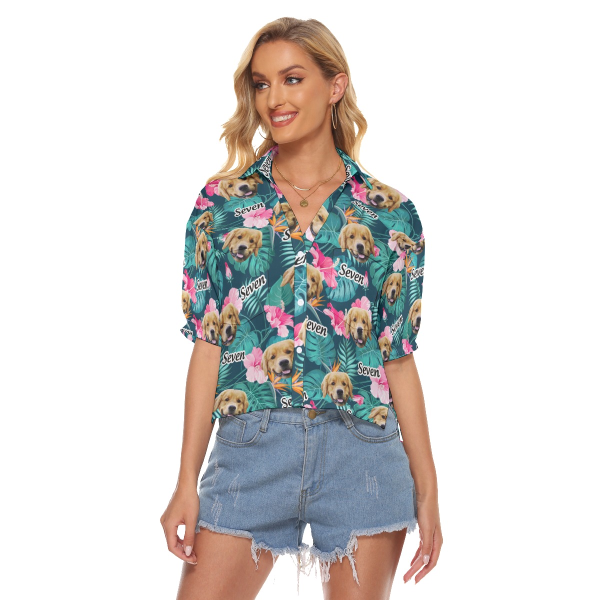 Funny Custom Dog Face And Name Floral Hawaiian Crop Top Shirt For Women - variant image 1