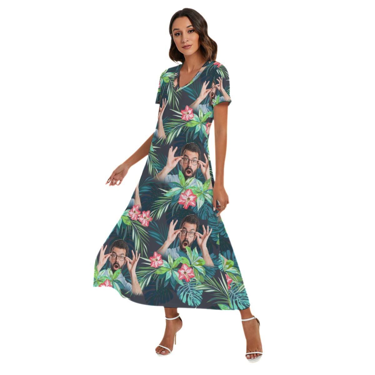 Funny Custom Face Flamingo Tropical Hawaiian Dress With Side Slit