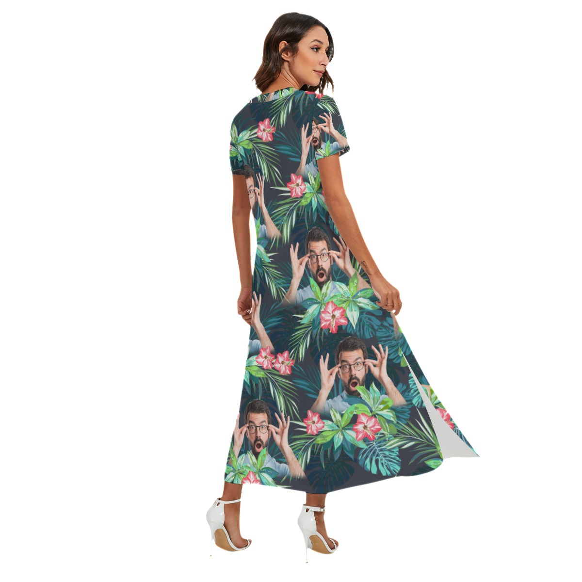 Funny Custom Face Flamingo Tropical Hawaiian Dress With Side Slit