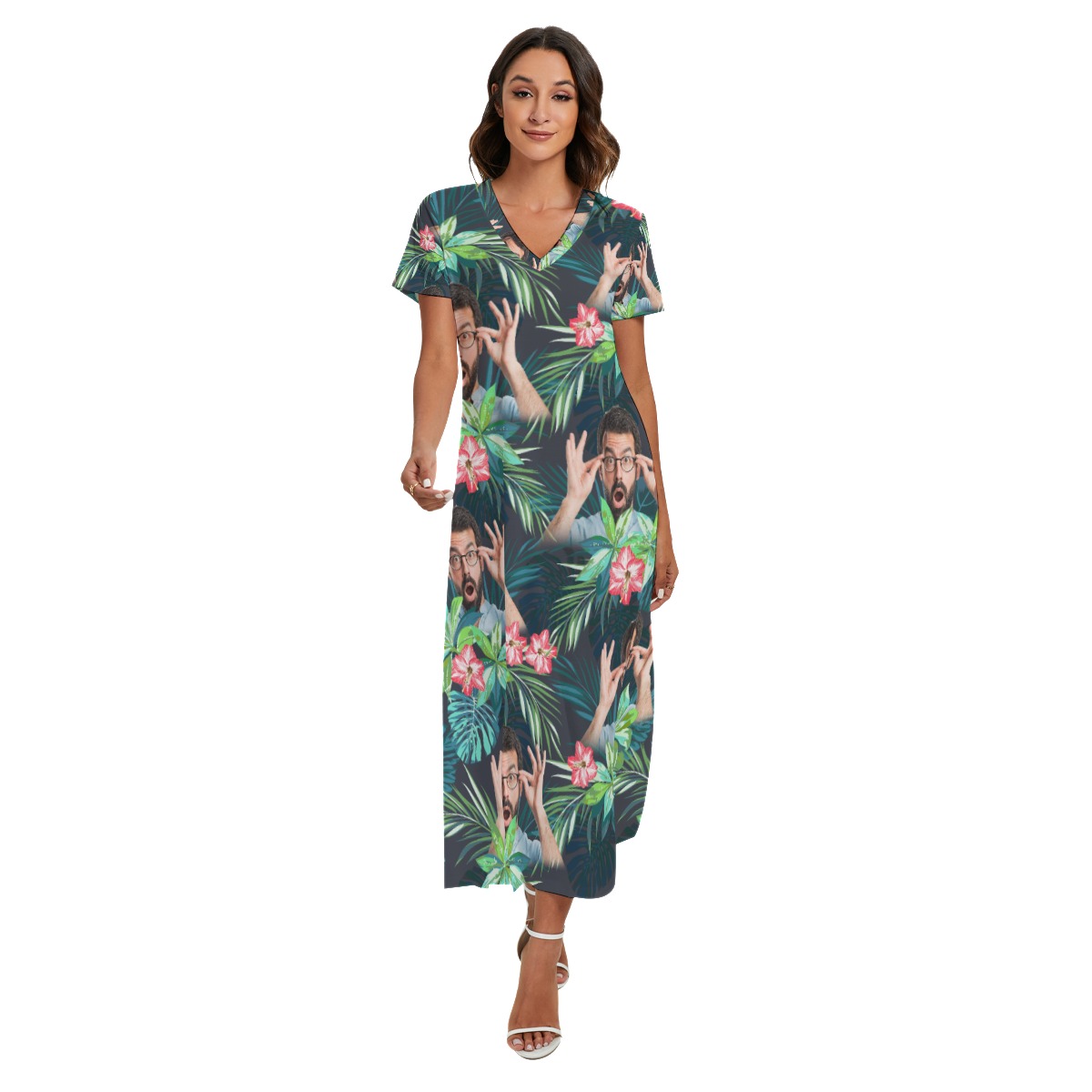 Funny Custom Face Flamingo Tropical Hawaiian Dress With Side Slit