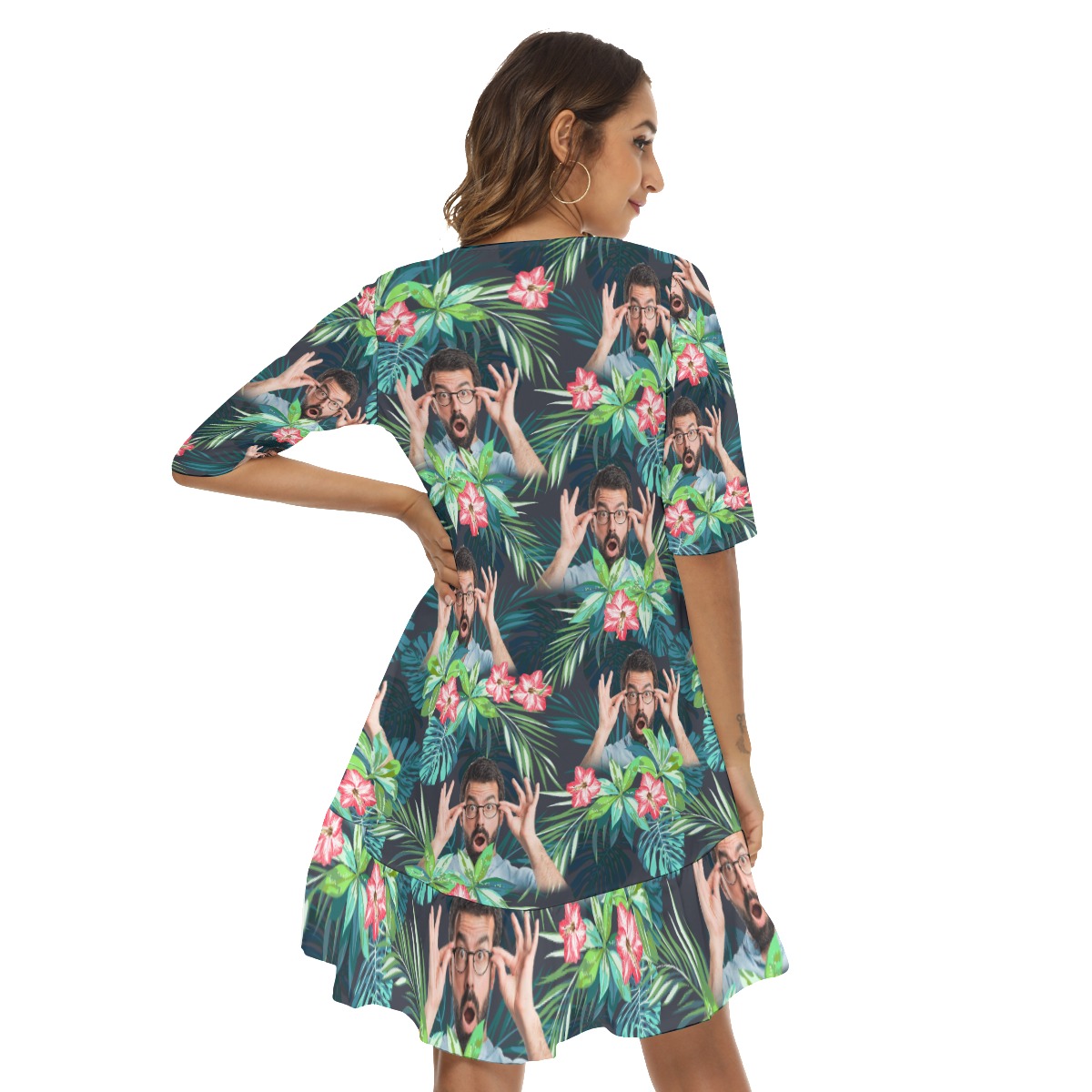 Funny Custom Face Tropical Flamingo Hawaiian Dress With Ruffle Hem