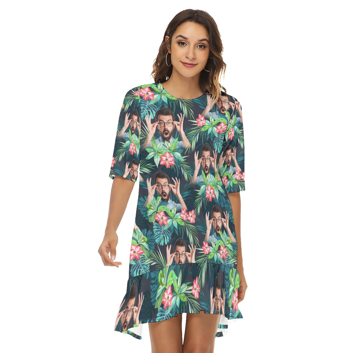 Funny Custom Face Tropical Flamingo Hawaiian Dress With Ruffle Hem