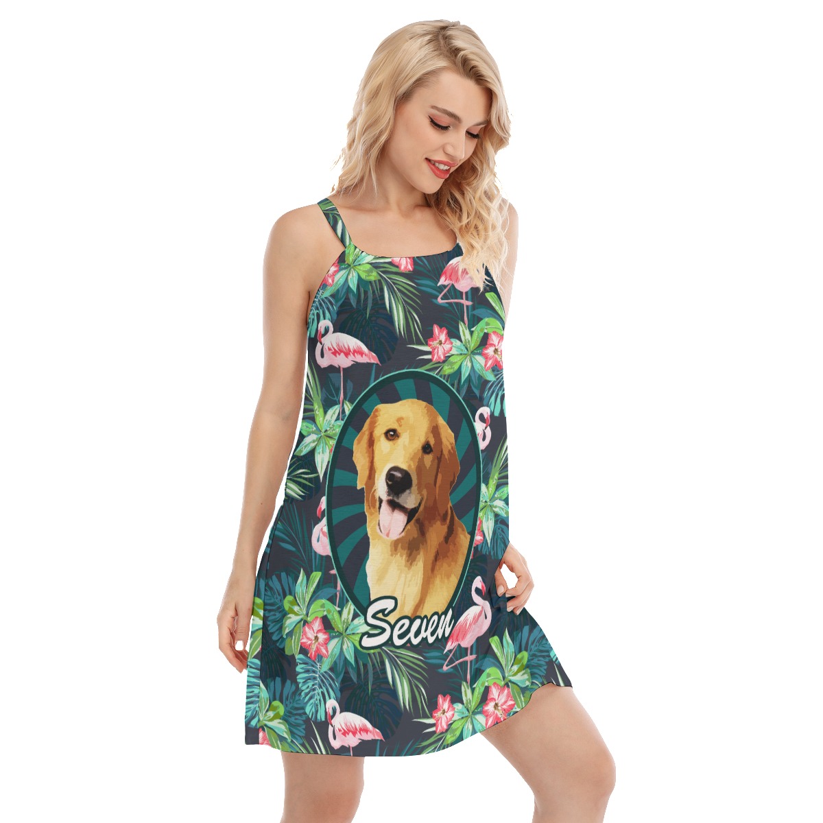 Custom Pet Face Tropical Flamingo Hawaiian Cami Dress For Women