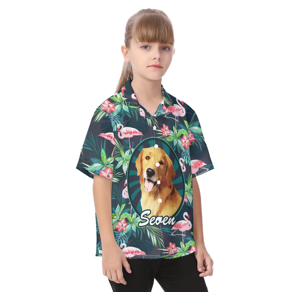 Cute Custom Pet Face Tropical Flamingo Hawaiian Shirt For Kids