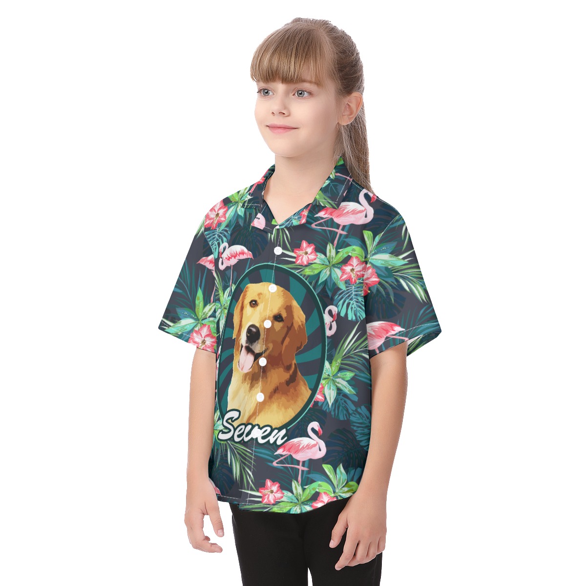 Cute Custom Pet Face Tropical Flamingo Hawaiian Shirt For Kids