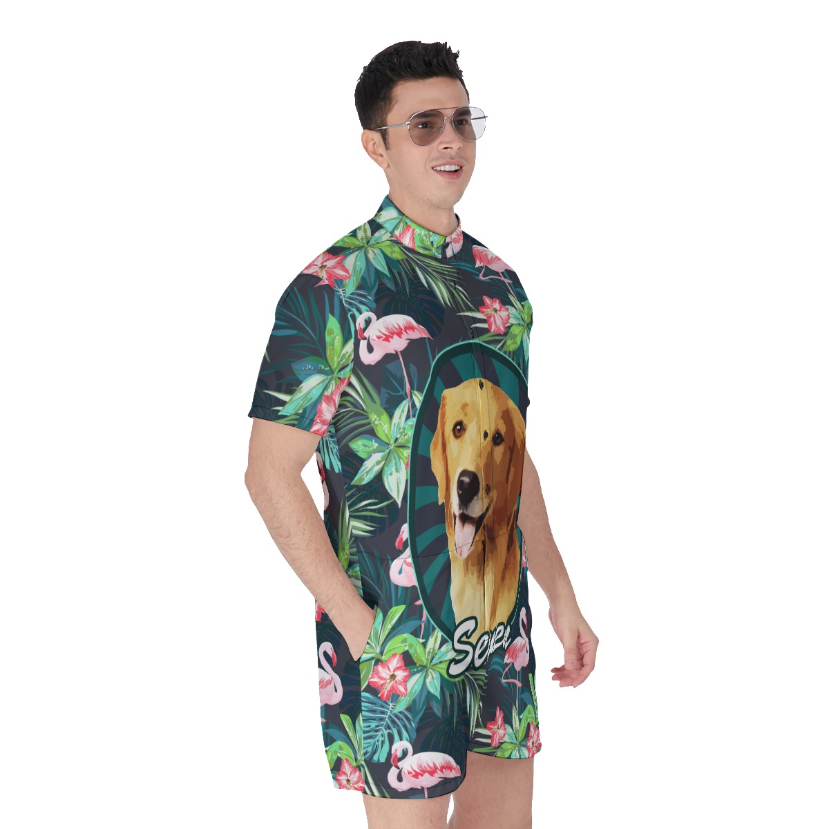 Custom Pet Face Tropical Flamingo Hawaiian Romper For Men
