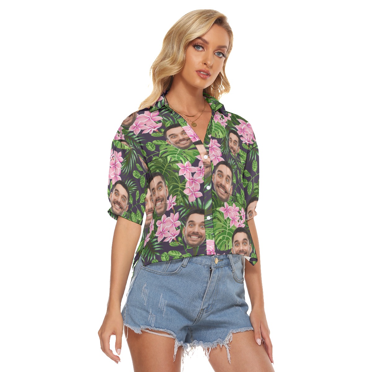 Custom Hawaiian V-neck Shirt For Women With Faces