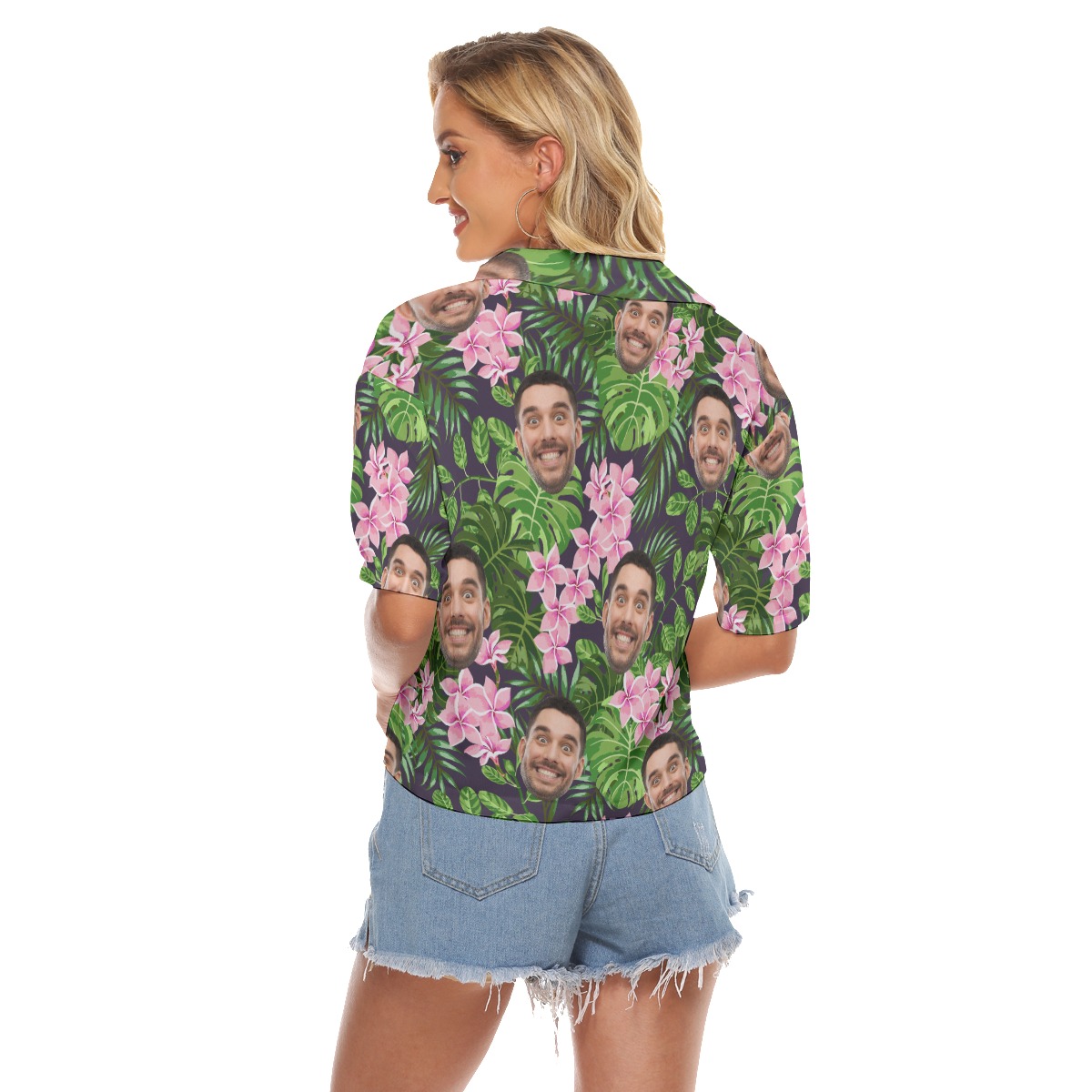 Custom Hawaiian V-neck Shirt For Women With Faces