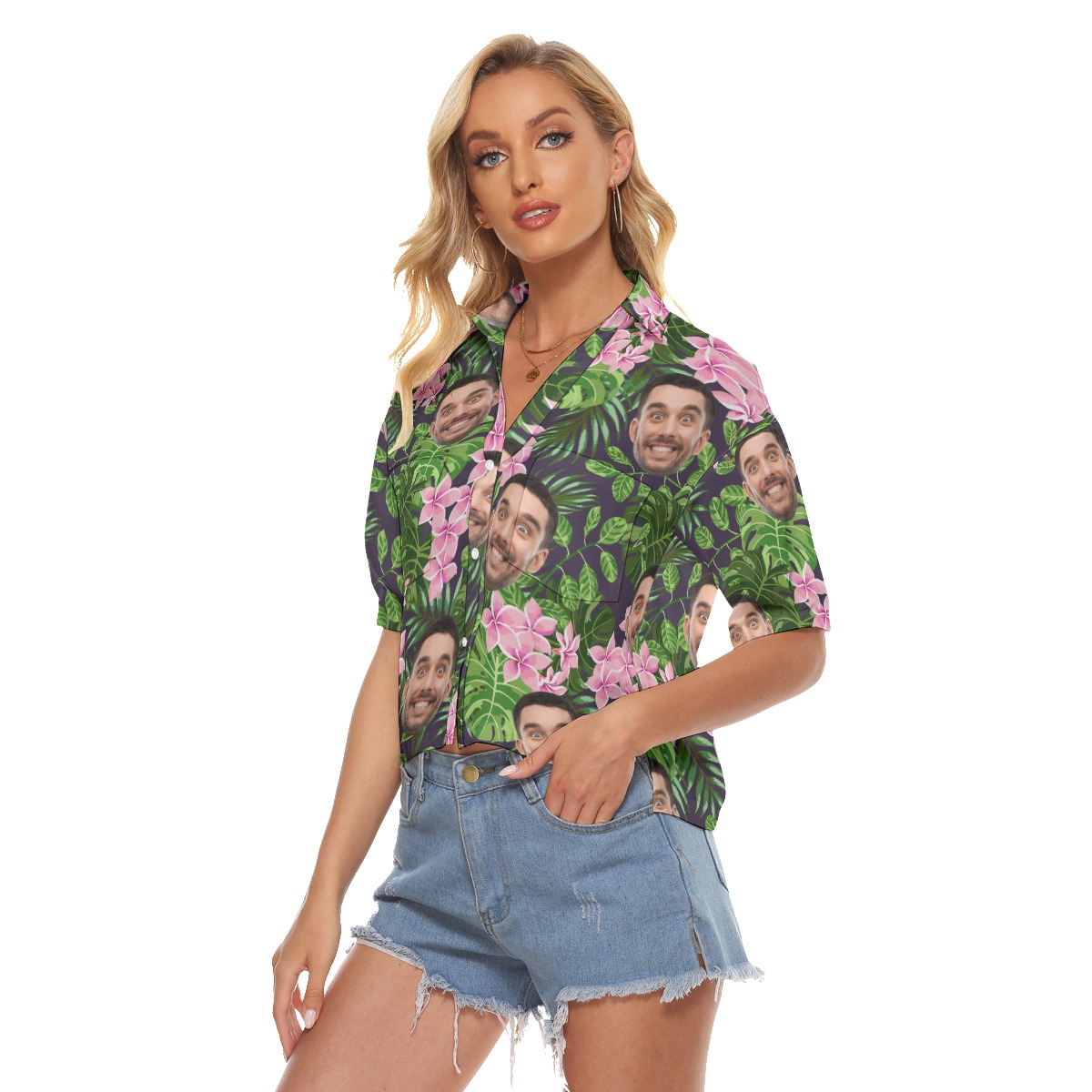 Custom Hawaiian V-neck Shirt For Women With Faces