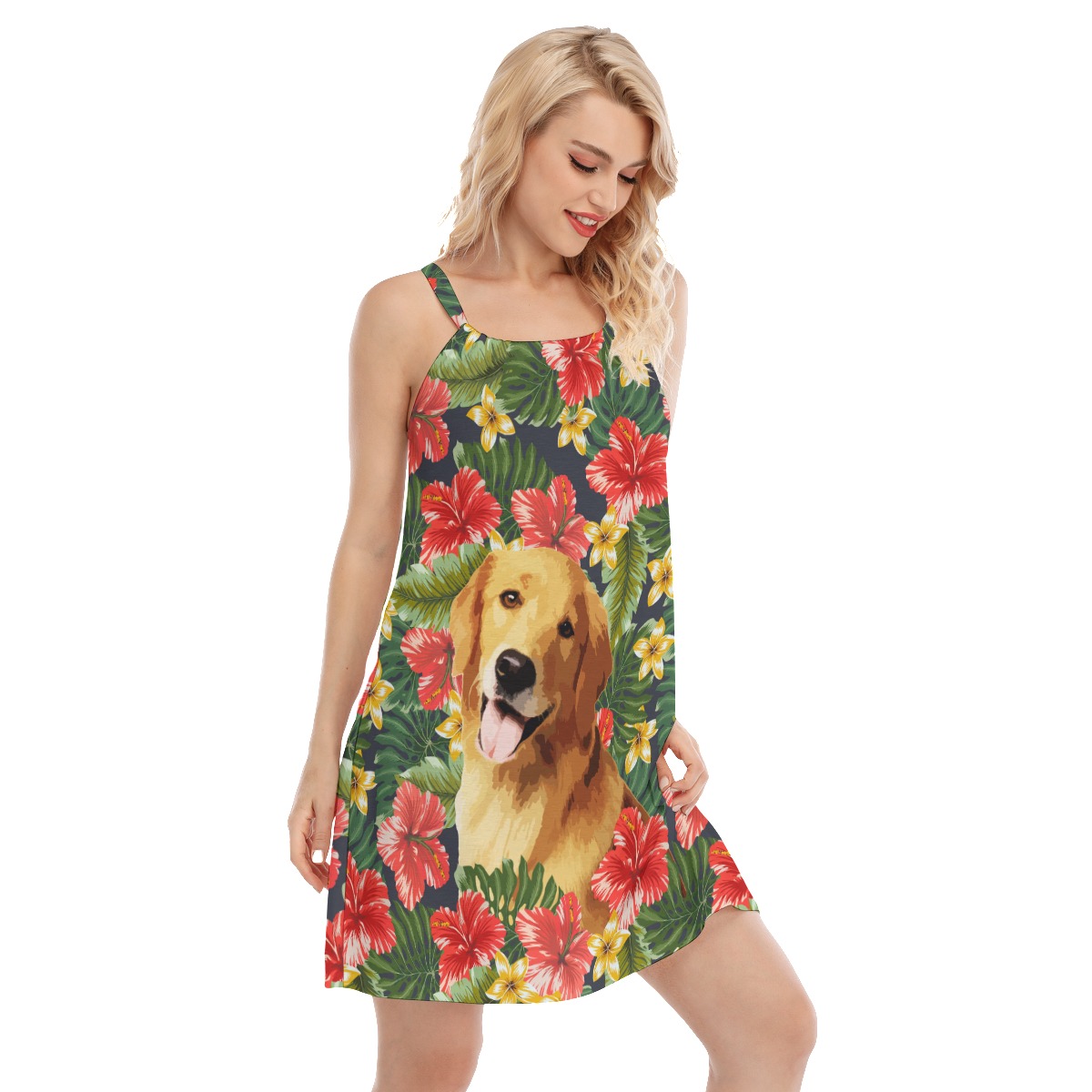 Custom Dog Face Hand-Painted Floral Hawaiian Dress For Women