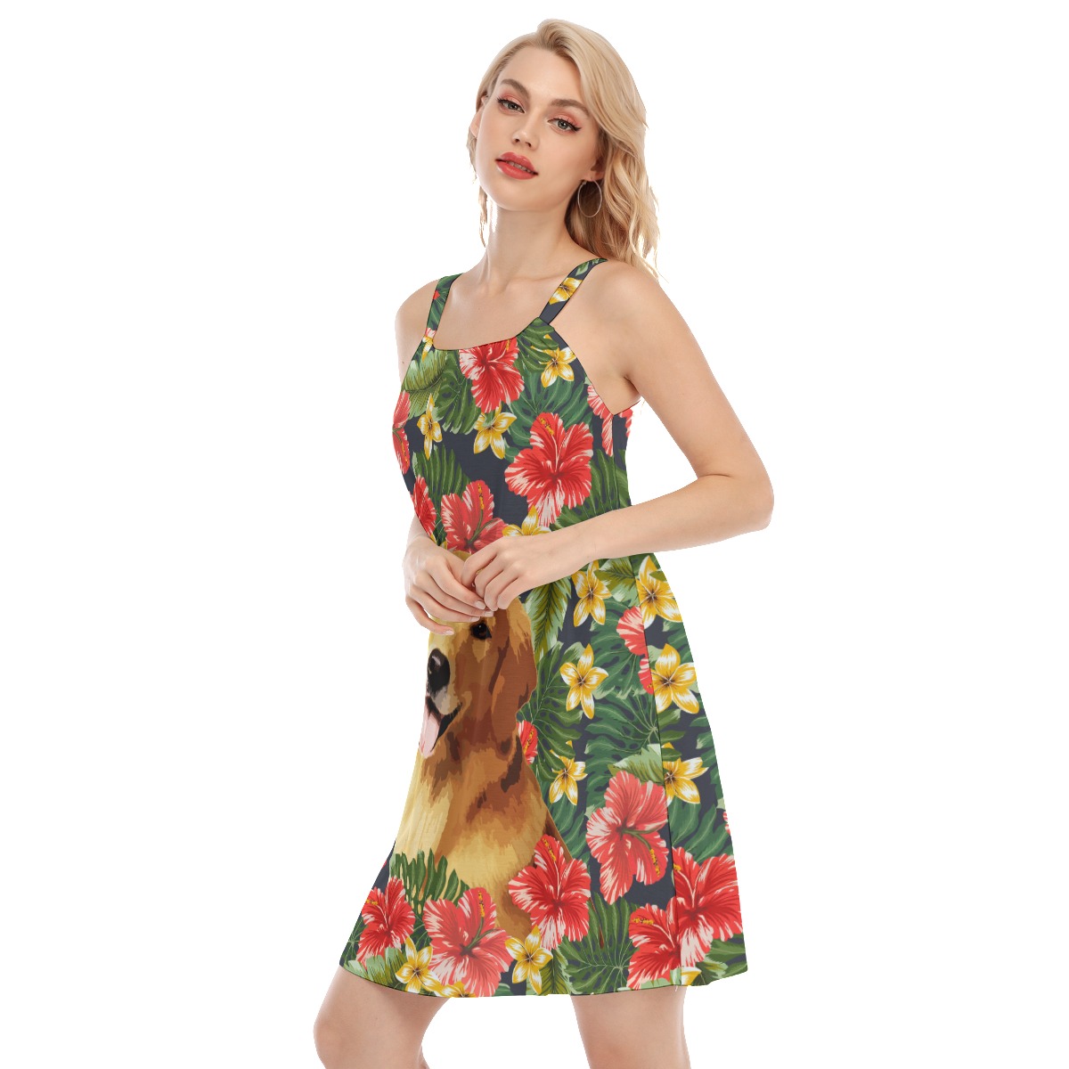 Custom Dog Face Hand-Painted Floral Hawaiian Dress For Women
