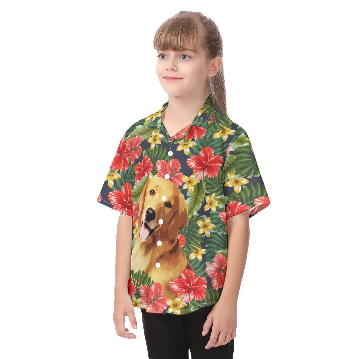 Cute Custom Dog Face Hibicus Hawaiian Shirt For Kids