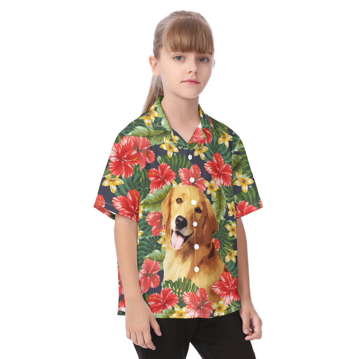Cute Custom Dog Face Hibicus Hawaiian Shirt For Kids