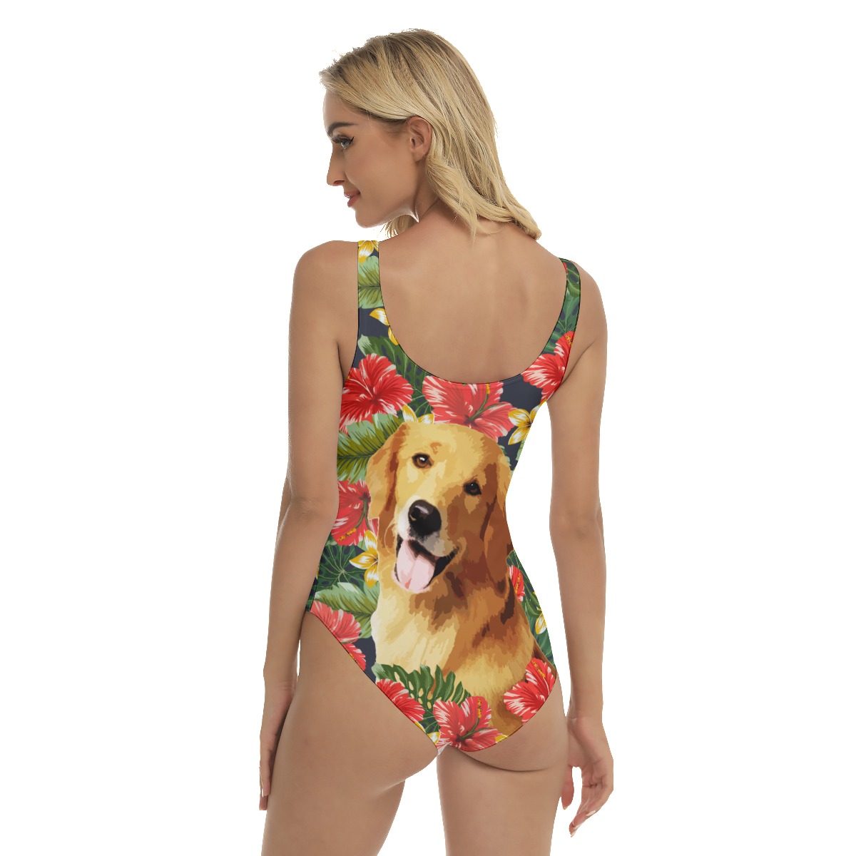 Custom Dog Face Hand-Painted Floral Hawaiian Swimsuit For Women