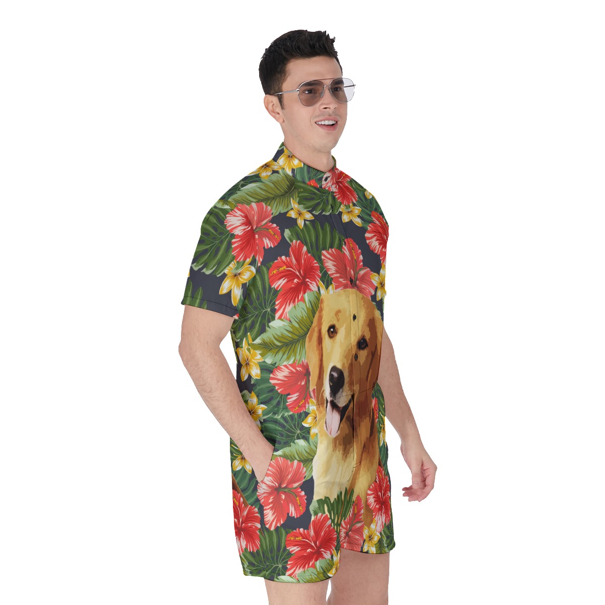 Funny Custom Dog Face Hand-Painted Hibicus Hawaiian Romper For Men