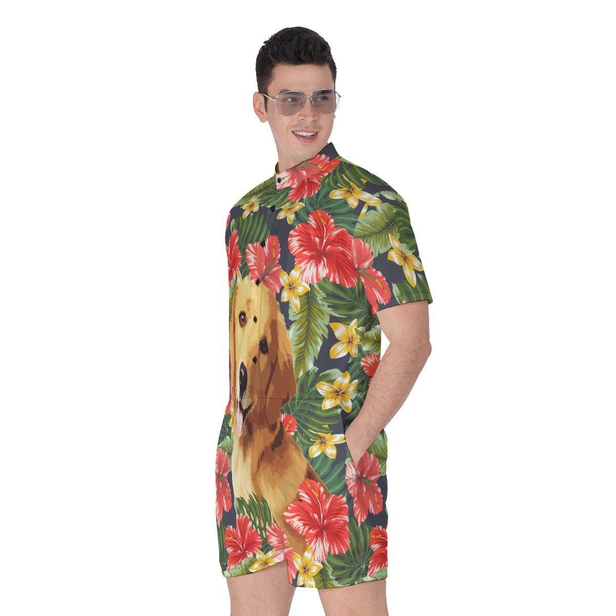 Funny Custom Dog Face Hand-Painted Hibicus Hawaiian Romper For Men