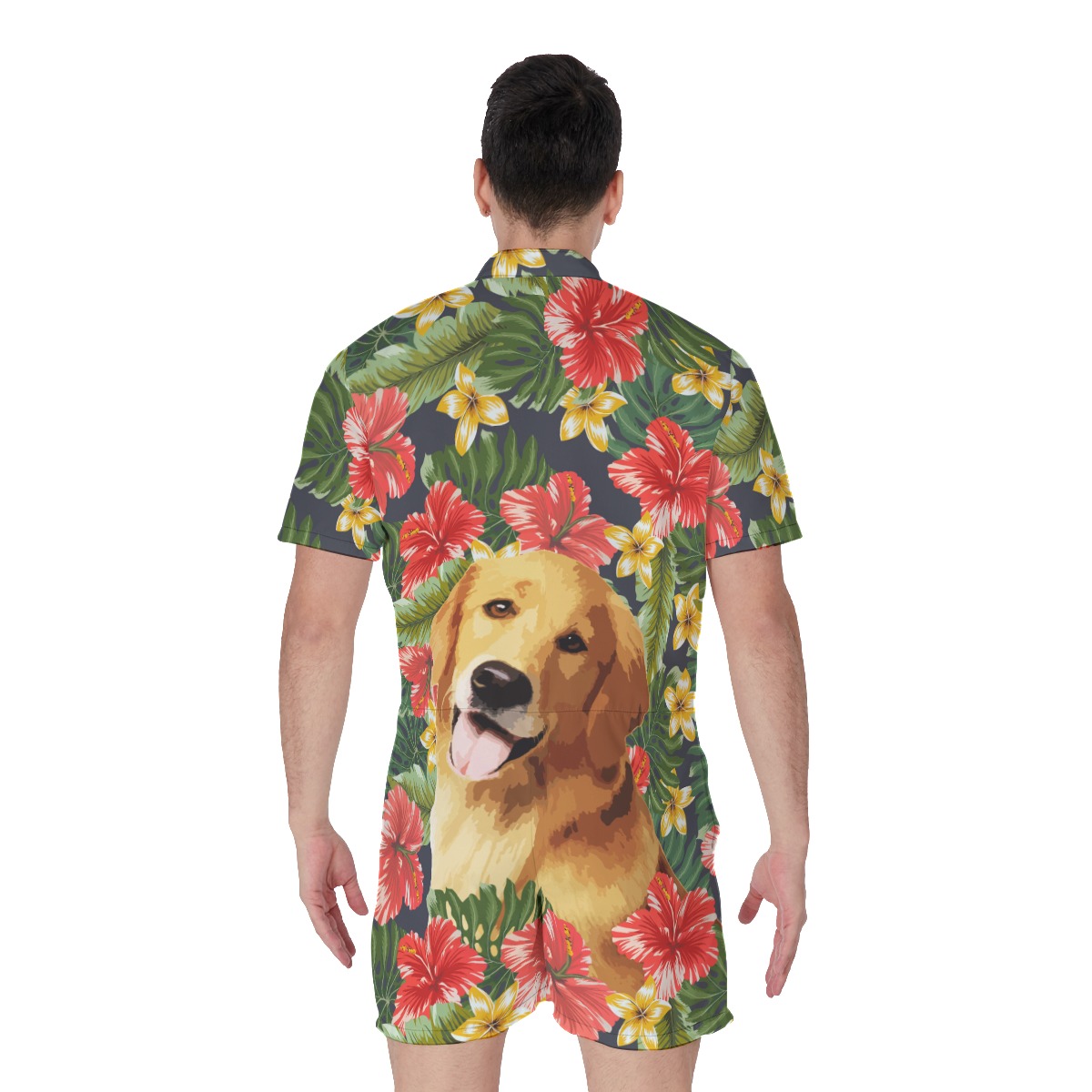 Funny Custom Dog Face Hand-Painted Hibicus Hawaiian Romper For Men