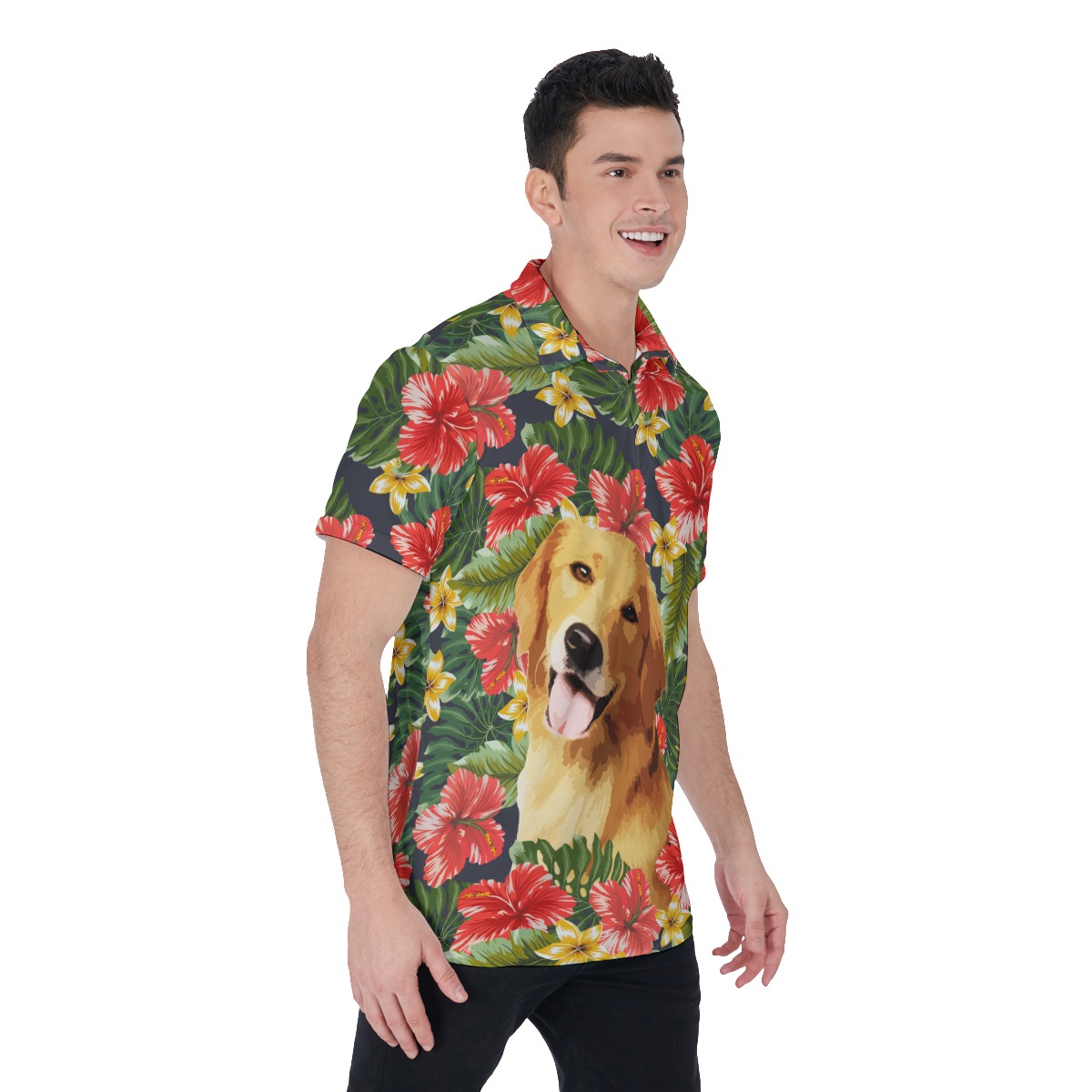 Funny Custom Face Dog Tropical Hibicus Hawaiian Polo Shirt For Men