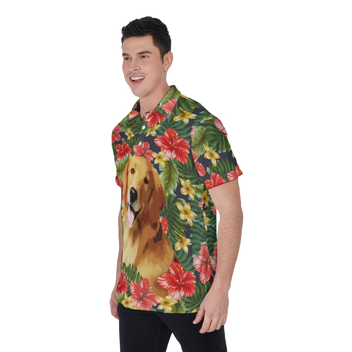 Funny Custom Face Dog Tropical Hibicus Hawaiian Polo Shirt For Men