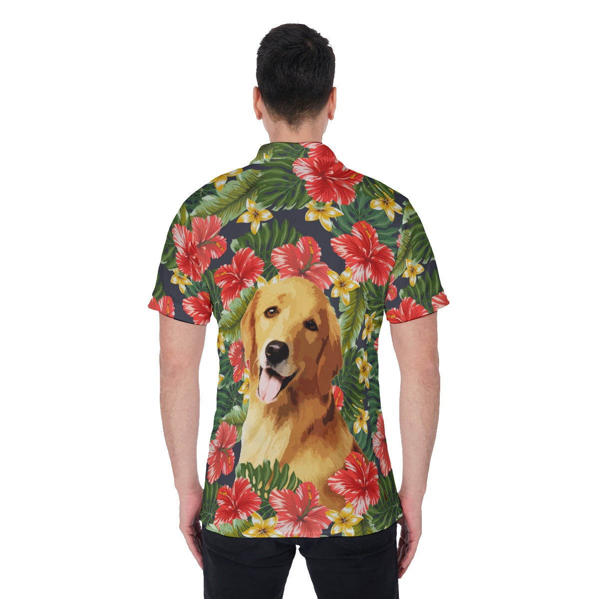 Funny Custom Face Dog Tropical Hibicus Hawaiian Polo Shirt For Men
