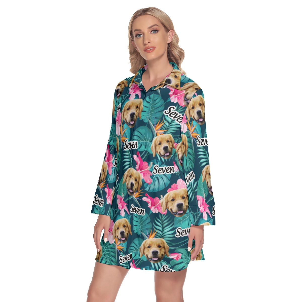 Funny Custom Dog Face Floral Hawaiian Shirt Dress For Women