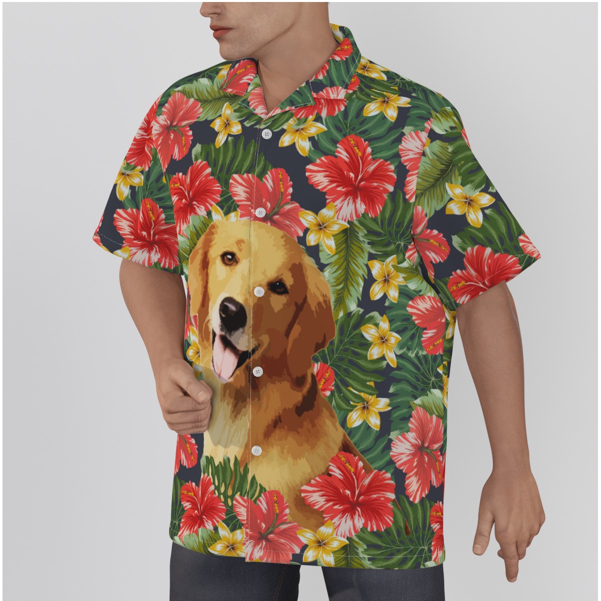 Funny Custom Dog Face Hand-Painted Hibicus Hawaiian Shirt