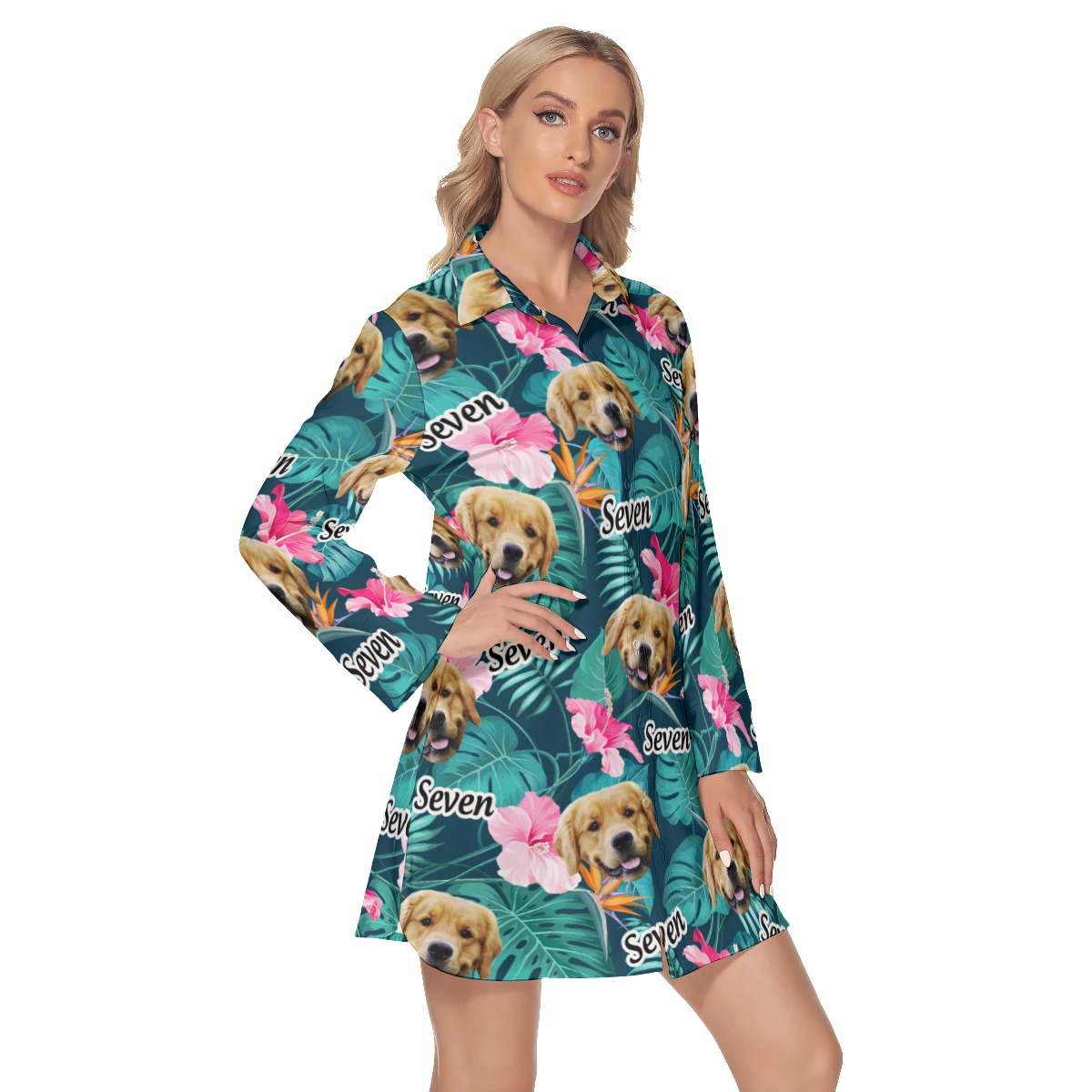 Funny Custom Dog Face Floral Hawaiian Shirt Dress For Women