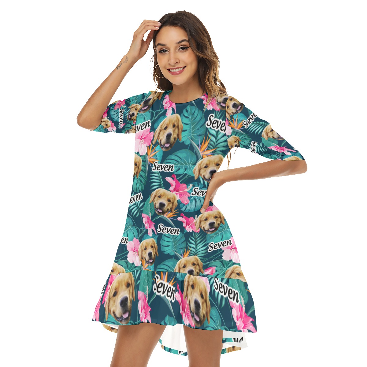 Funny Custom Dog Face Floral Hawaiian Dress With Ruffle Hem