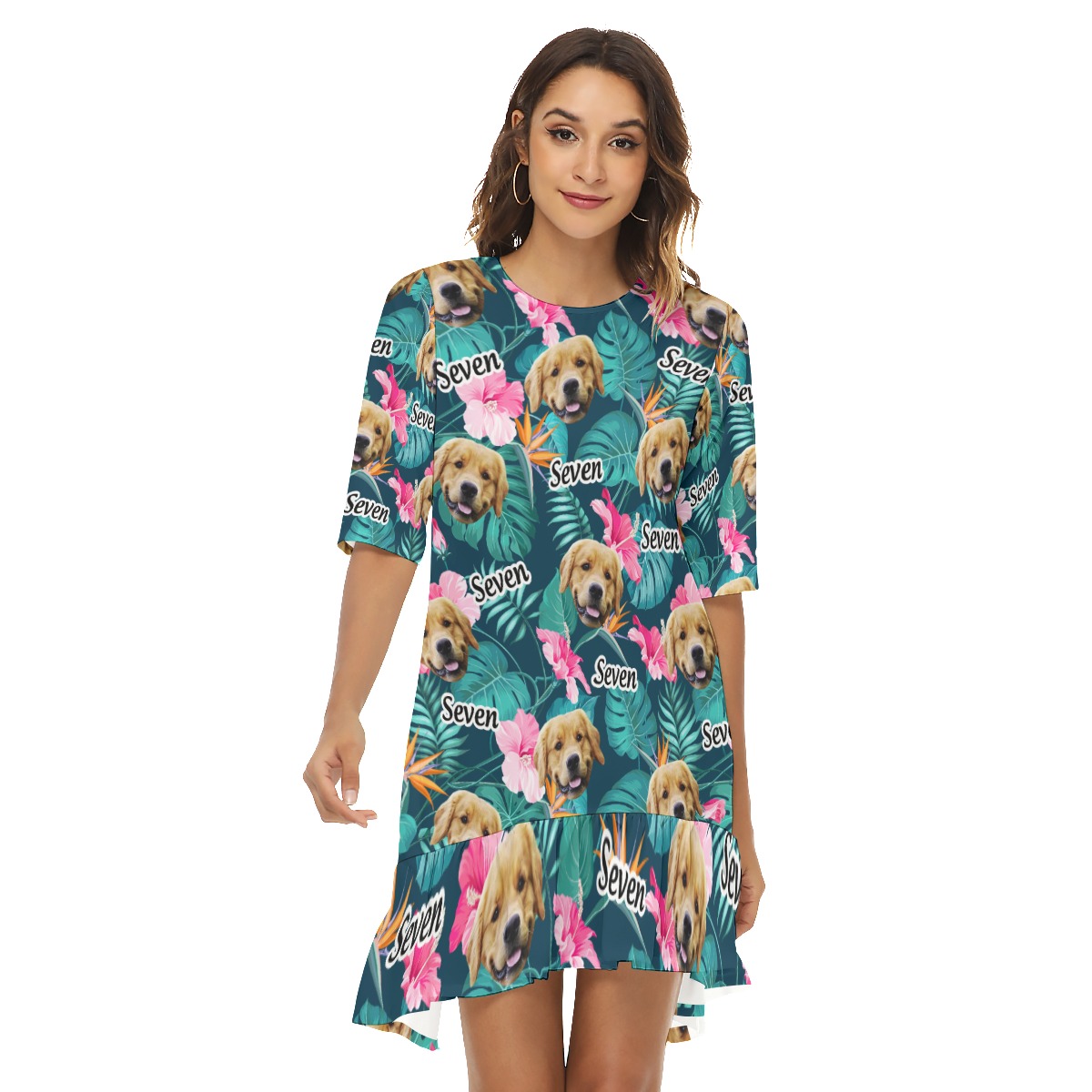 Funny Custom Dog Face Floral Hawaiian Dress With Ruffle Hem