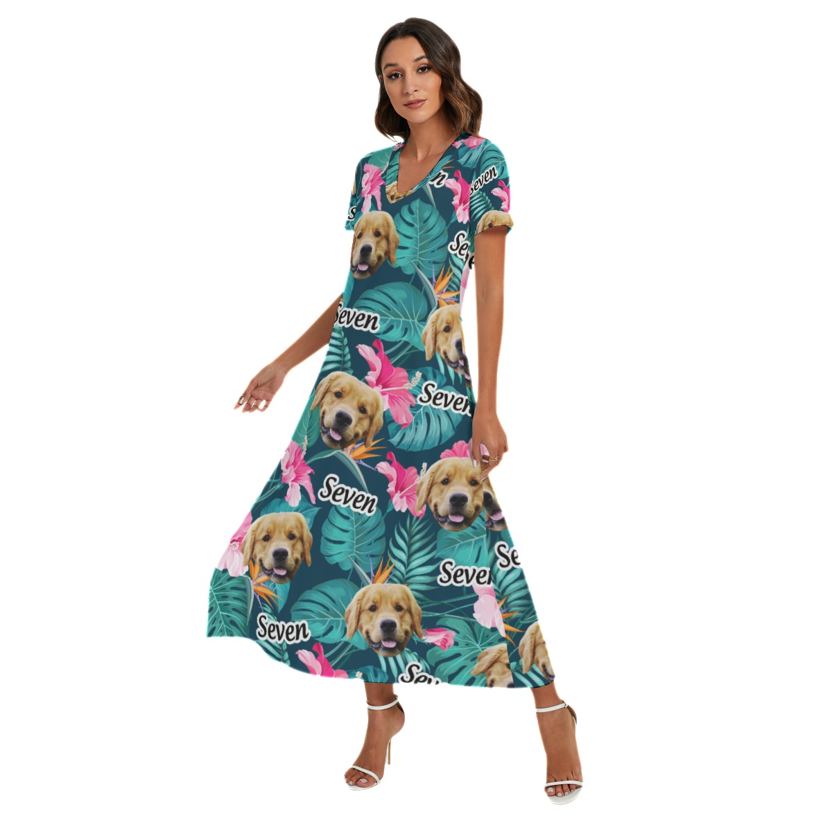 Floral Custom Dog Face Hawaiian V-neck Dress With Side Slit