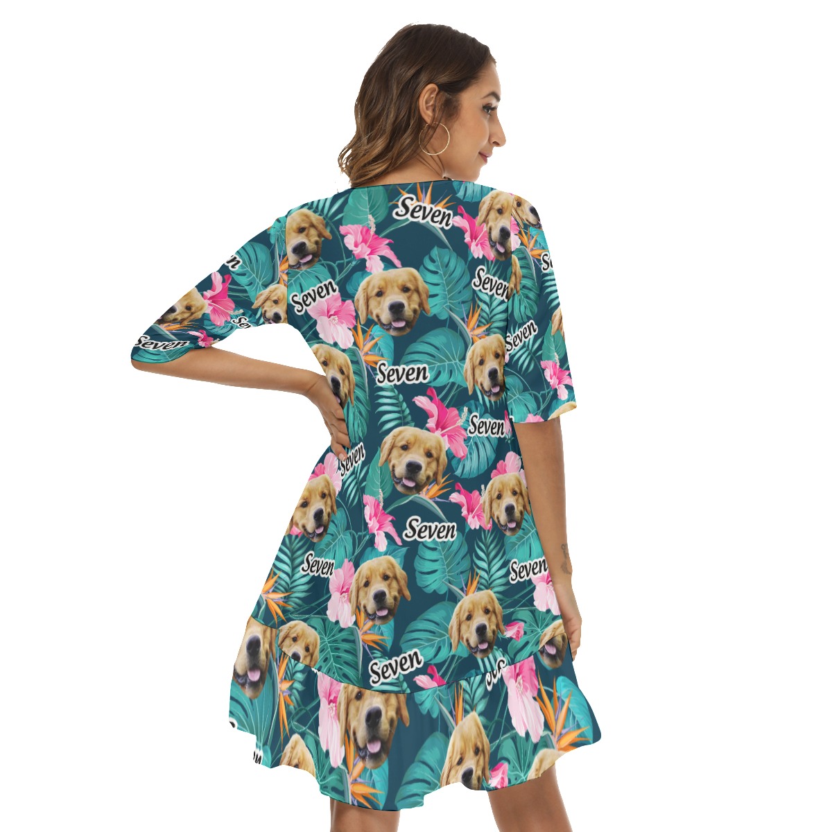 Funny Custom Dog Face Floral Hawaiian Dress With Ruffle Hem