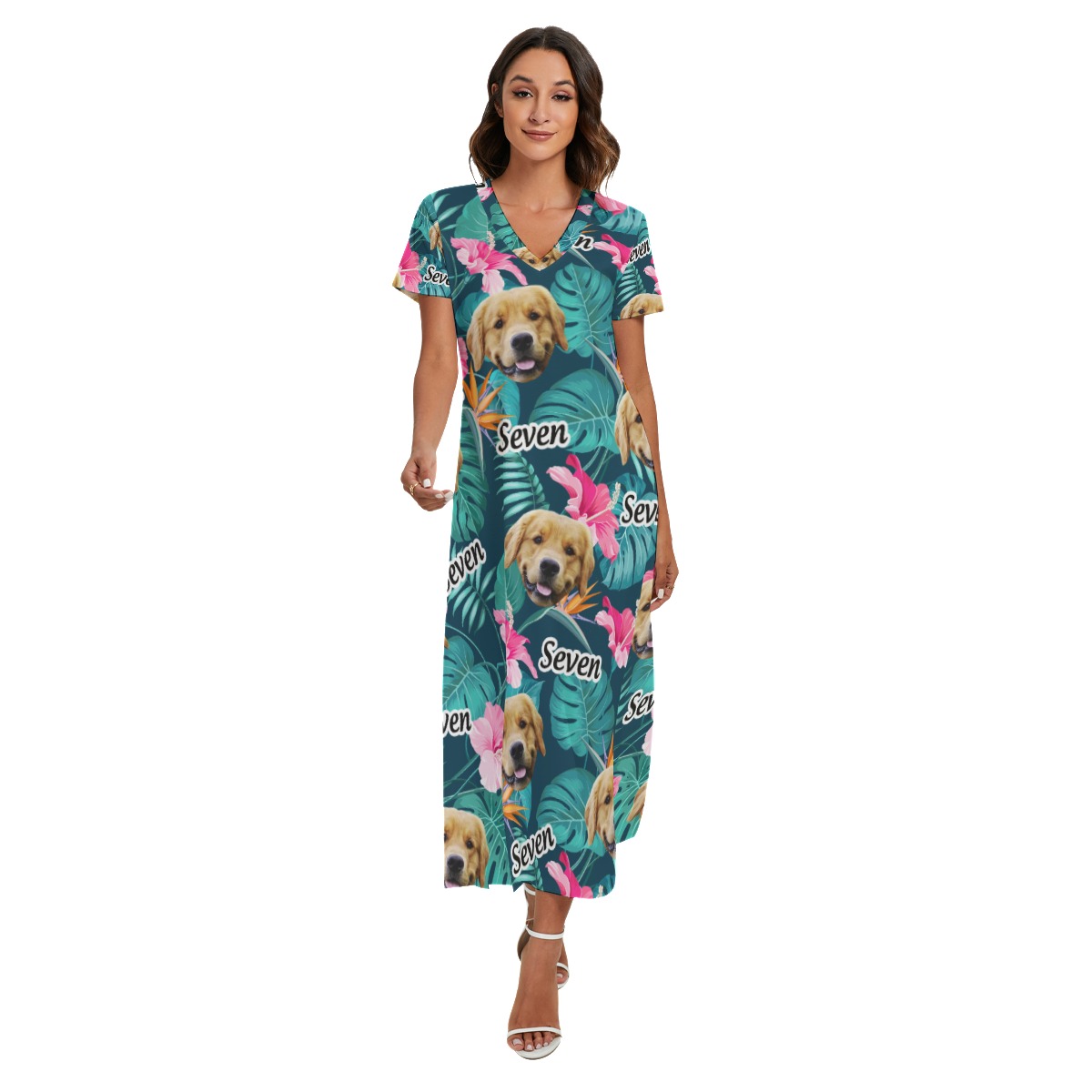 Floral Custom Dog Face Hawaiian V-neck Dress With Side Slit