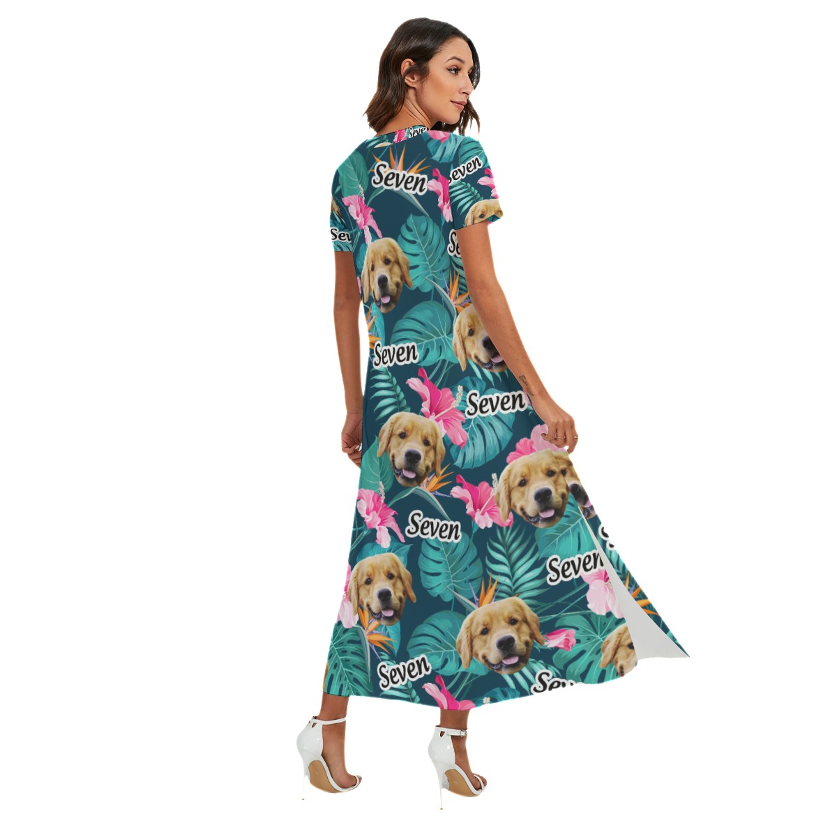 Floral Custom Dog Face Hawaiian V-neck Dress With Side Slit