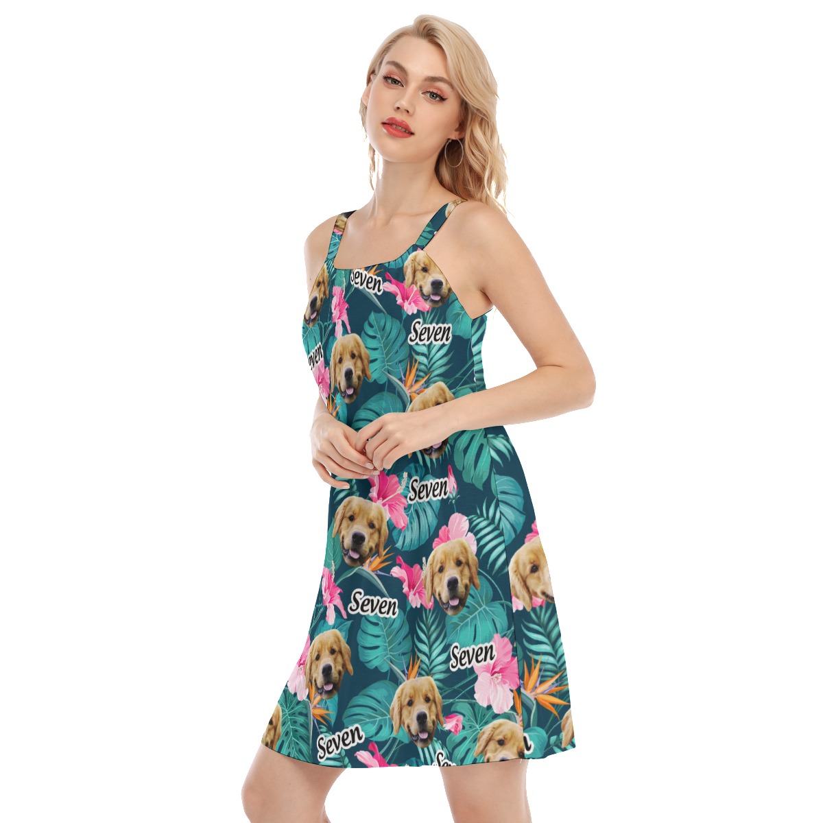 Funny Custom Dog Face And Name Floral Hawaiian Cami Dress