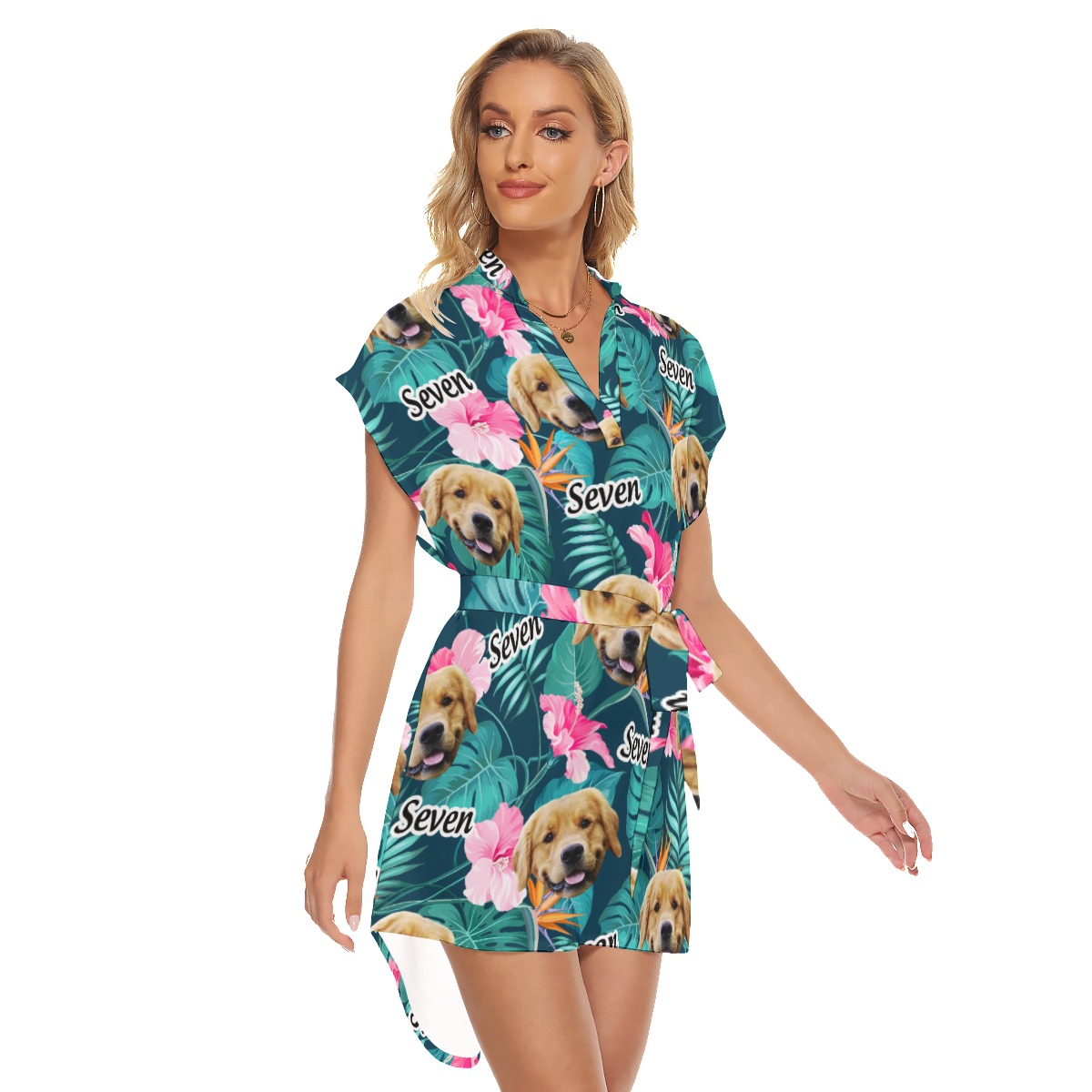 Funny Custom Dog Face And Name Floral Hawaiian Dress With Belt