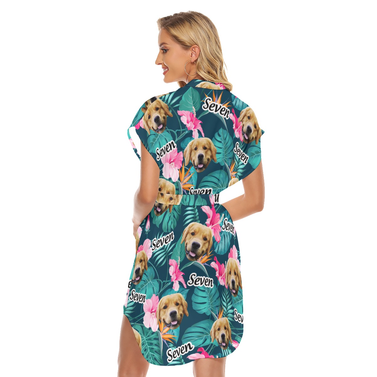 Funny Custom Dog Face And Name Floral Hawaiian Dress With Belt