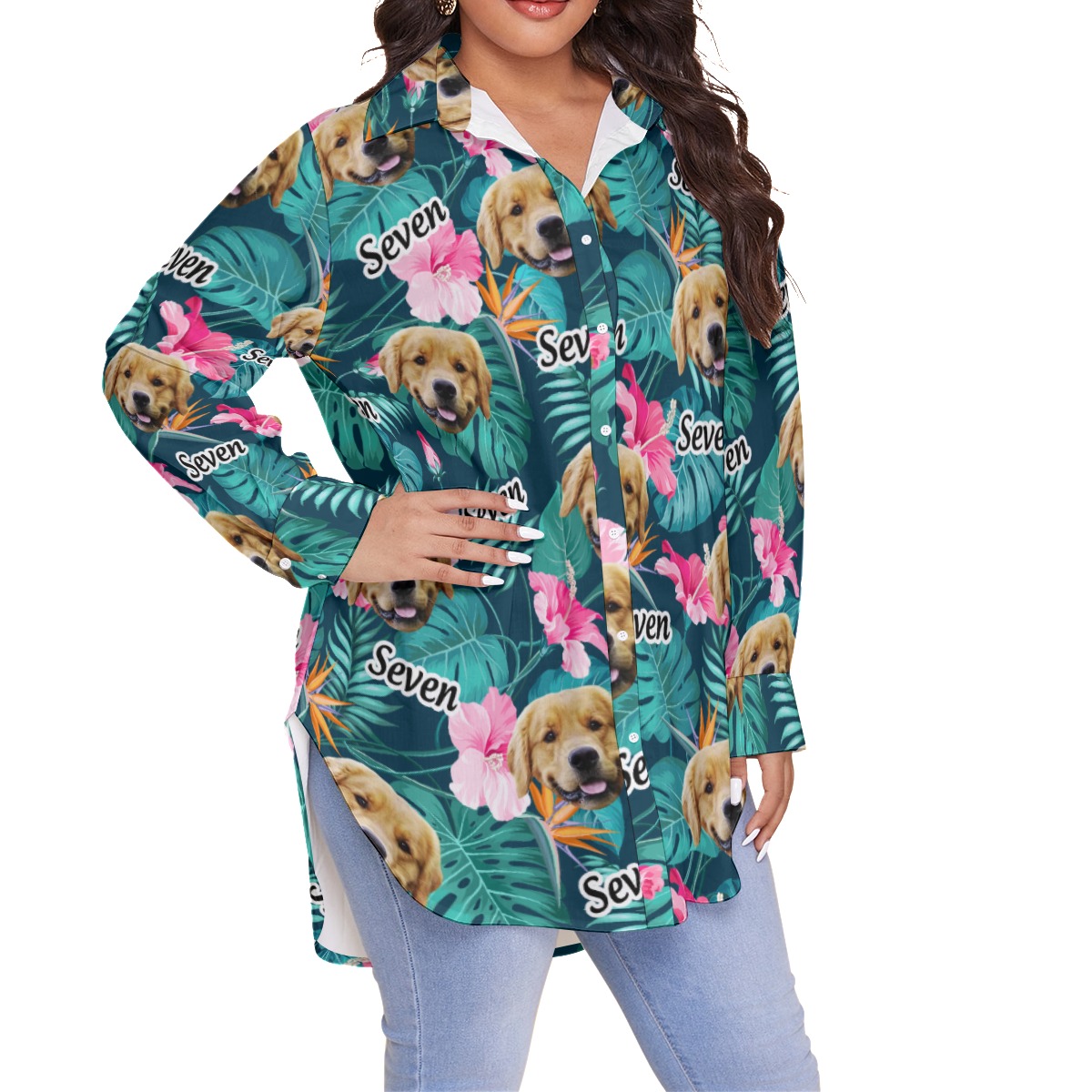 Custom Floral Hawaiian Plus Size Shirt With Dog Face And Name