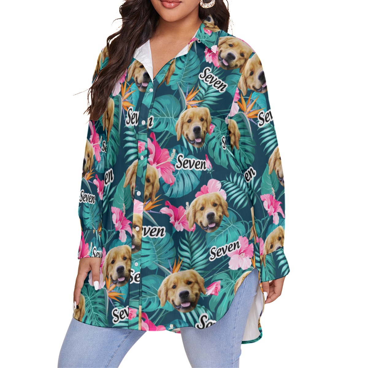 Custom Floral Hawaiian Plus Size Shirt With Dog Face And Name